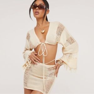 PLUNGE NECK CROP TOP AND MATCHING MINI SKIRT CO-ORD SET IN STONE KNIT